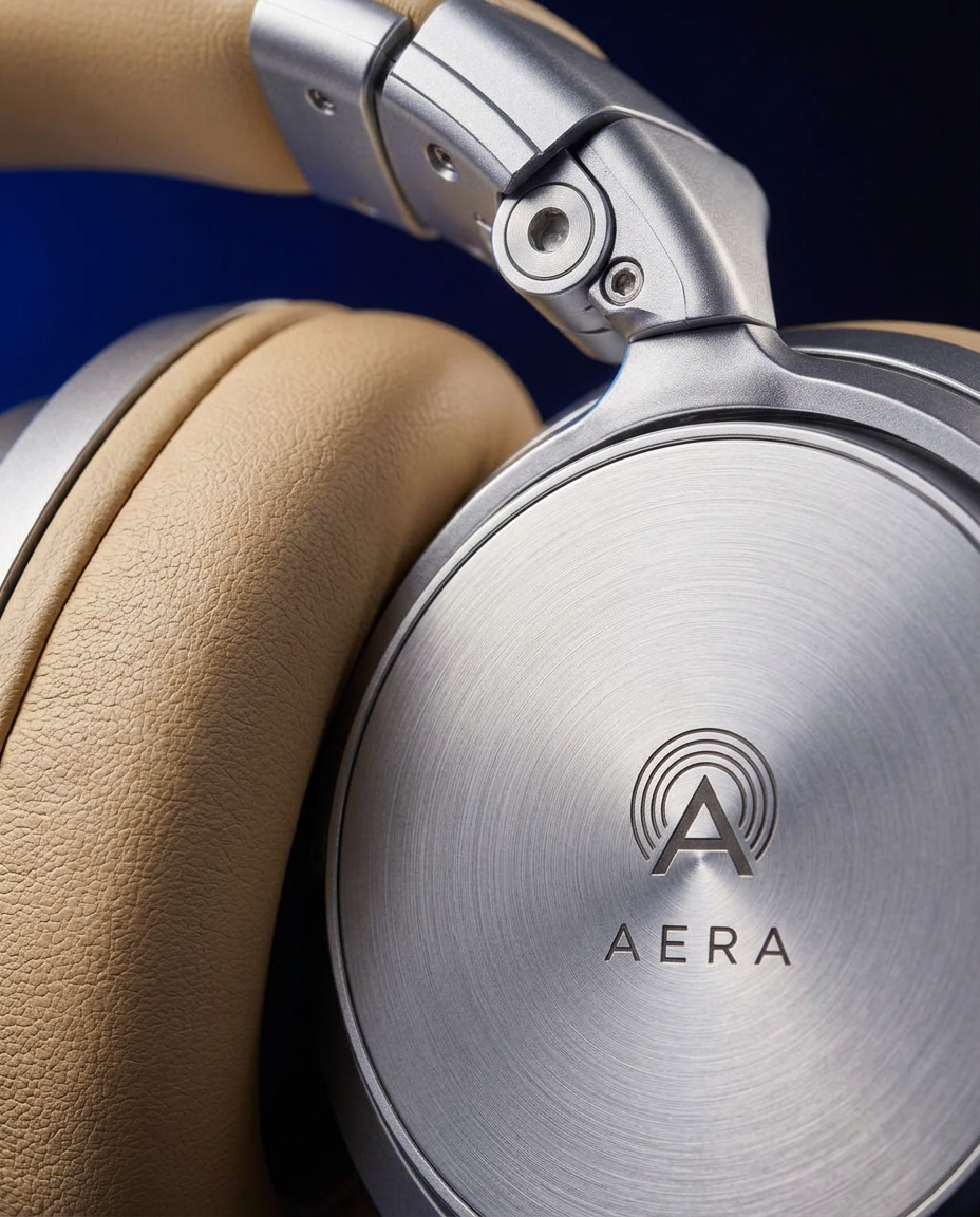 Close-up product detail of Aera headphones showing brushed aluminium and cream leather