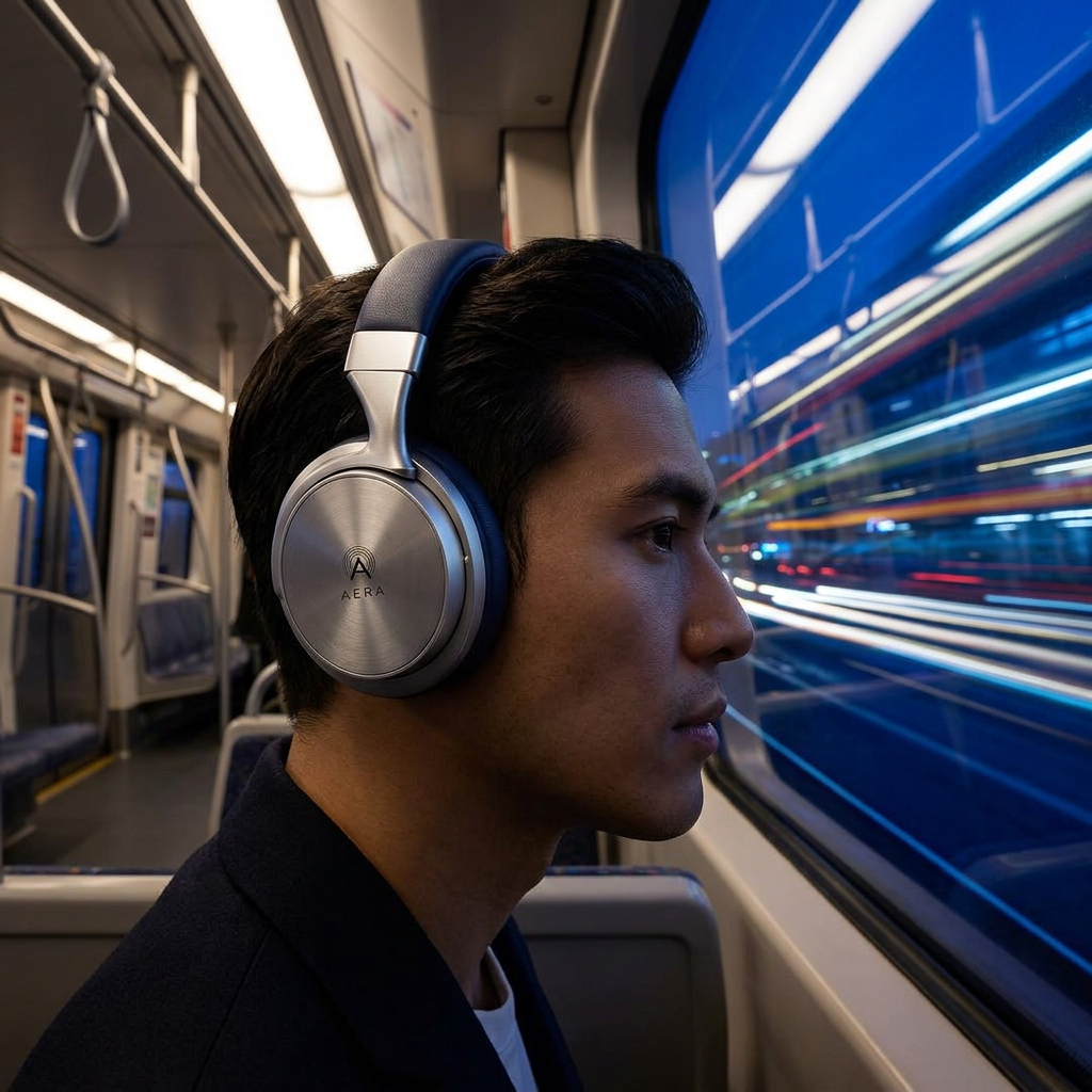 Commuter wearing Aera headphones on a night train
