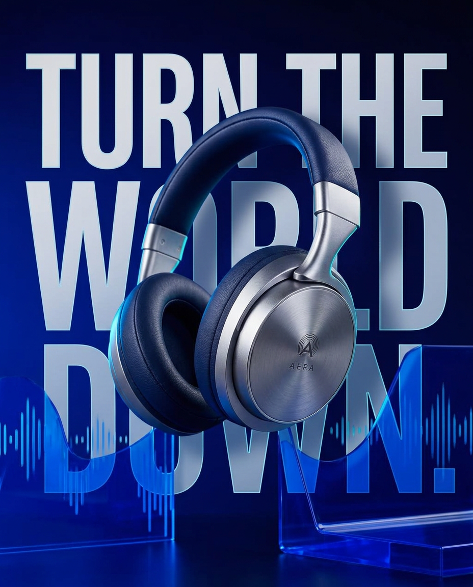 Finished Aera headphone ad with integrated typography