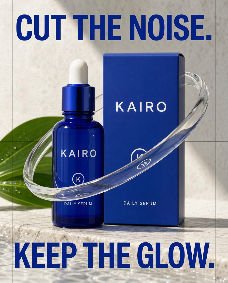 Finished Kairo skincare campaign with editorial typography