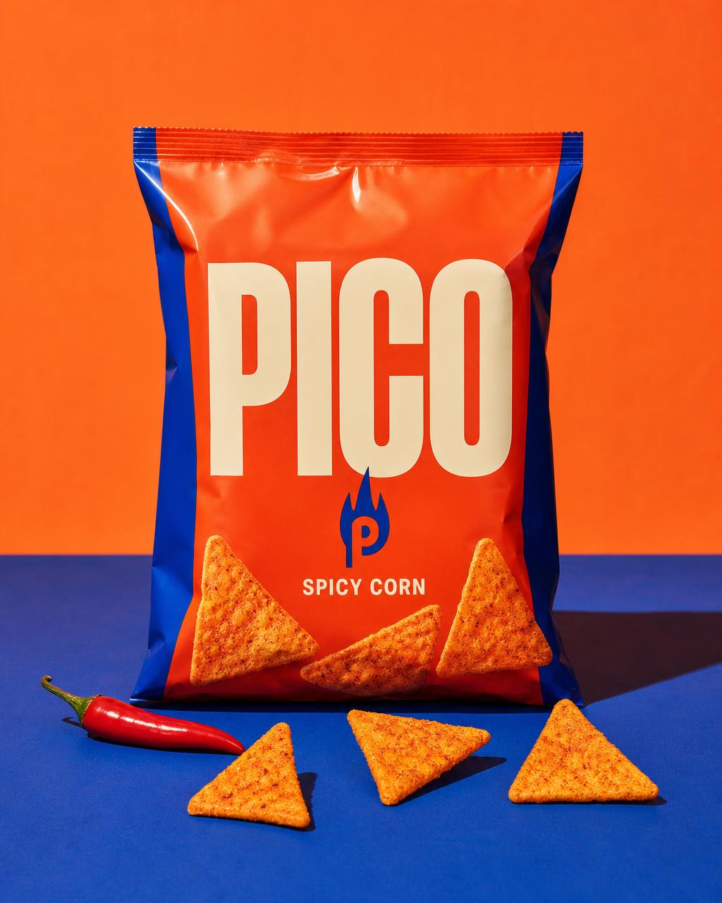 Pico spicy corn pouch in a bold studio product shot
