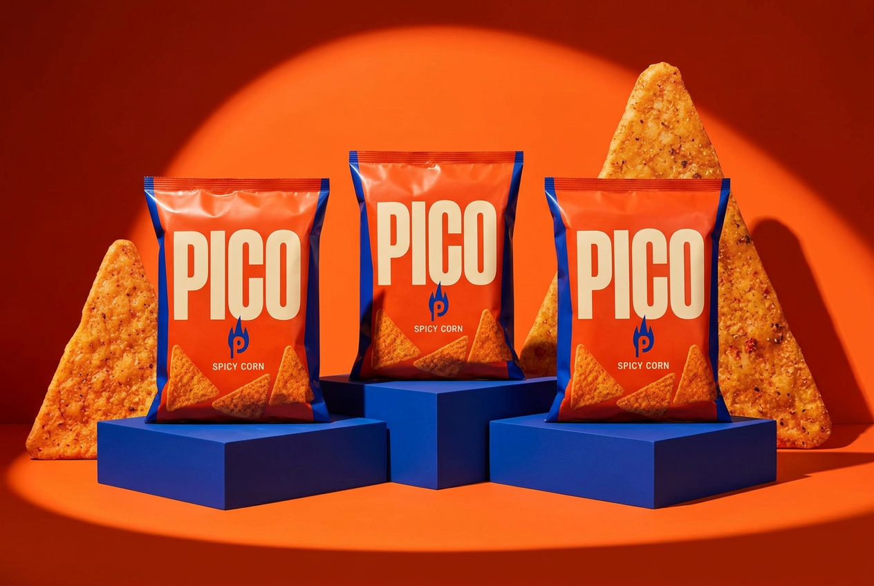 Three Pico packs staged on cobalt plinths