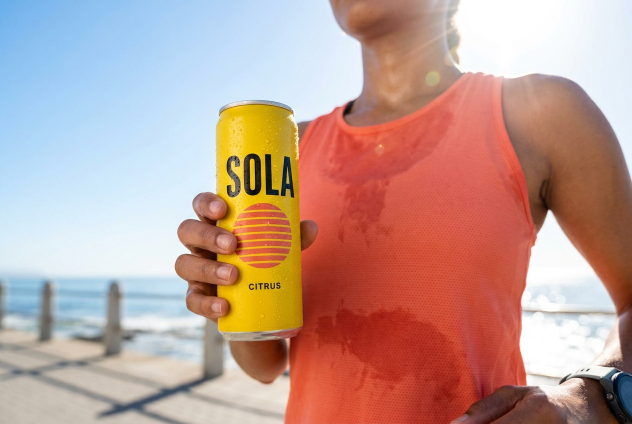 Runner holding a cold Sola citrus can by the coast
